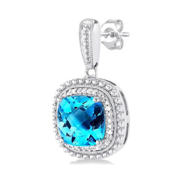 Silver Cushion Blue Topaz & Diamond Drop Earrings Image 2 Peter & Co. Jewelers Avon Lake, OH
