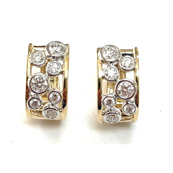 14K Two-Tone Gold Diamond Bezel Huggie Earrings Pickens, Inc. Jewelers Atlanta, GA