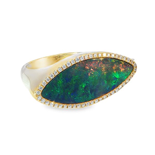 14KY 7.68 CT Australian Opal Doublet and Diamond Ring Pickens, Inc. Jewelers Atlanta, GA
