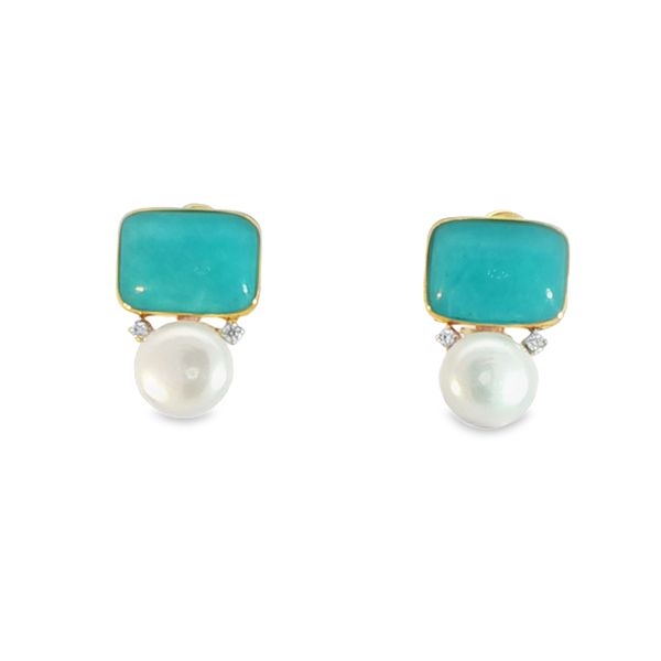 14KY Amazonite, Freshwater Pearl, and Diamond Earrings Pickens, Inc. Jewelers Atlanta, GA