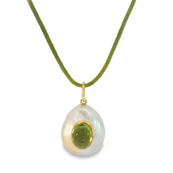 14KY Peridot and Freshwater Pearl Pendant on Silk Cord Pickens, Inc. Jewelers Atlanta, GA