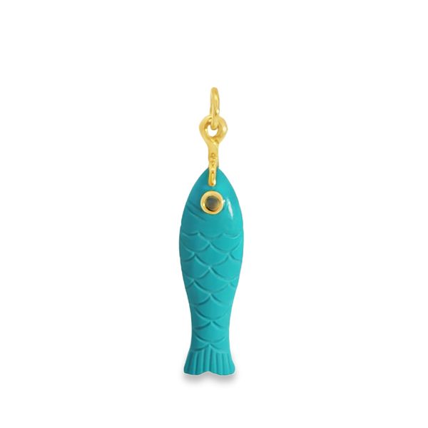 14KY Carved Turquoise Fish Charm with Sapphire Eye Pickens, Inc. Jewelers Atlanta, GA