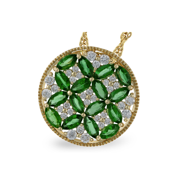 14KY Emerald and Diamond Cluster Pendant Necklace Pickens, Inc. Jewelers Atlanta, GA
