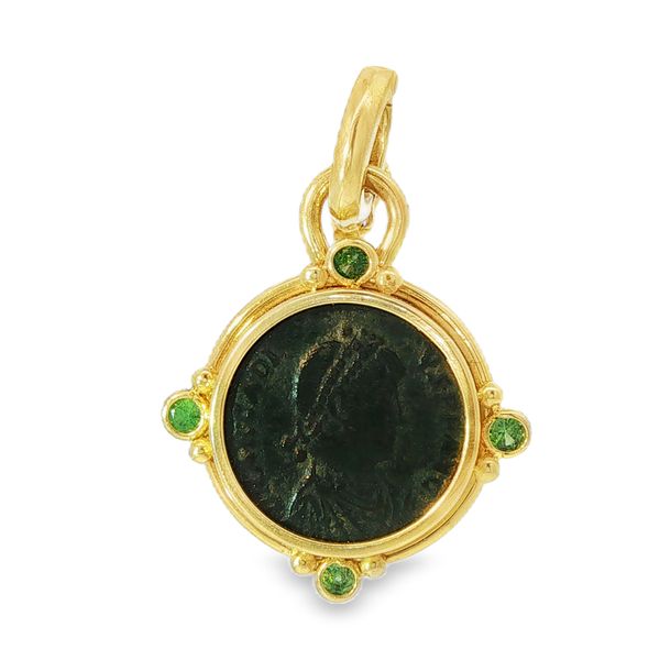 14KY Ancient Bronze Coin Enhancer with Tsvaorite Garnet Accents Pickens, Inc. Jewelers Atlanta, GA