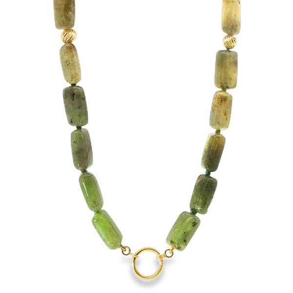 14KY Green Garnet and Gold Bead Necklace with Pushlock Clasp Pickens, Inc. Jewelers Atlanta, GA