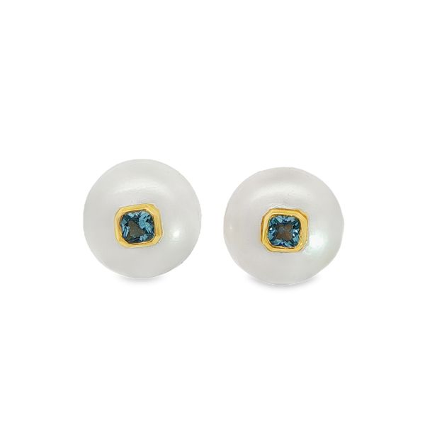 14KY Freshwater Button Pearl and Blue Topaz Earrings Pickens, Inc. Jewelers Atlanta, GA