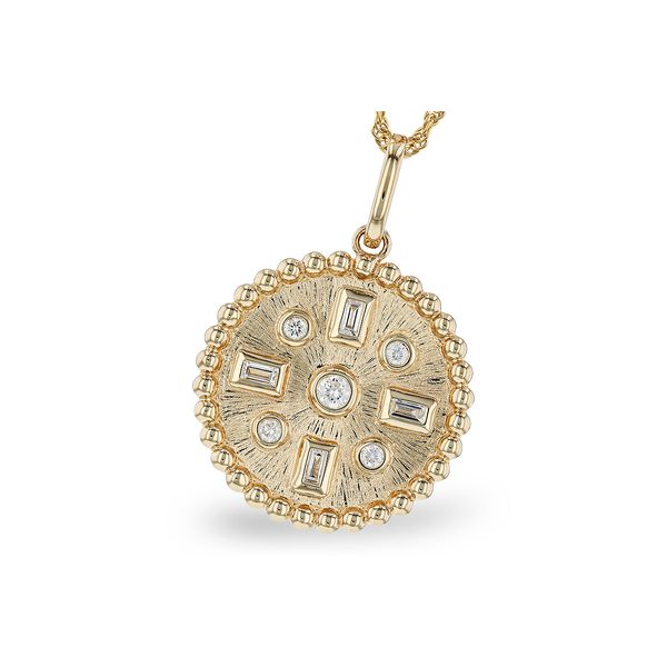 14KY Round Pendant Necklace with Round and Baguette Diamonds Pickens, Inc. Jewelers Atlanta, GA