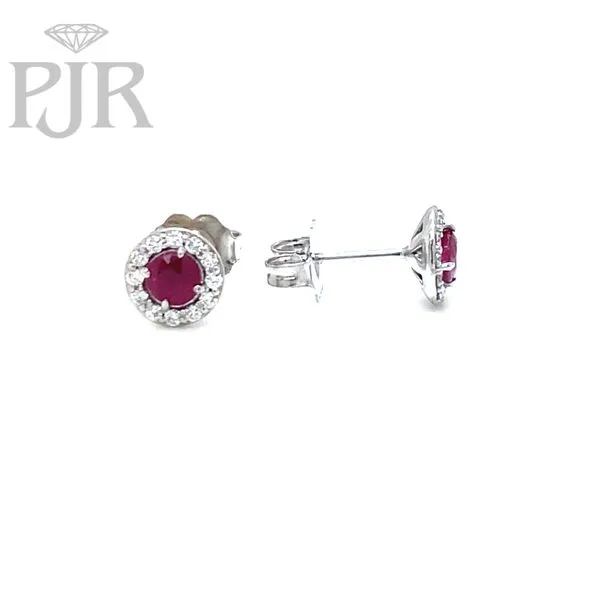 14K White Gold Round Ruby and Diamond Halo Stud Earrings Image 2 P.J. Rossi Jewelers Lauderdale-By-The-Sea, FL