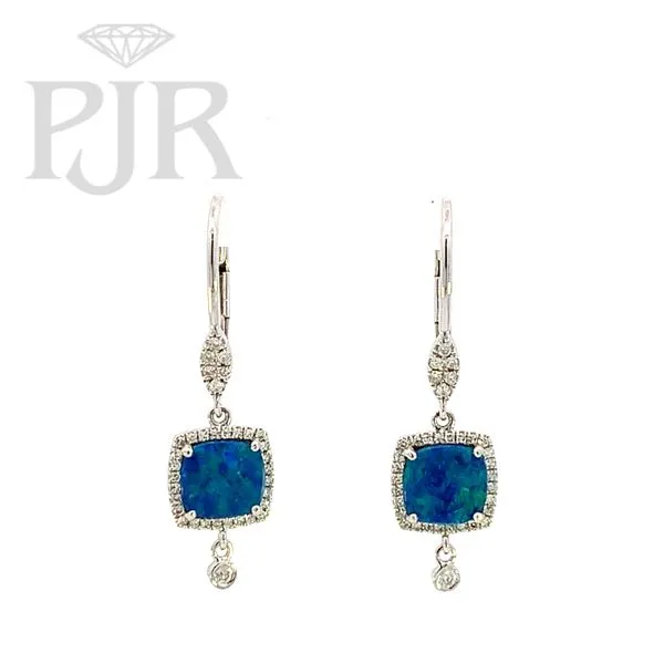 Meira T. 14K White Gold Square Australian Opal and Diamond Lever Back Drop Earrings P.J. Rossi Jewelers Lauderdale-By-The-Sea, FL