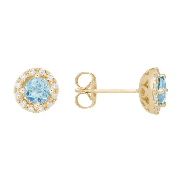 14K Yellow Gold Aquamarine and Diamond Halo Stud Earrings P.J. Rossi Jewelers Lauderdale-By-The-Sea, FL