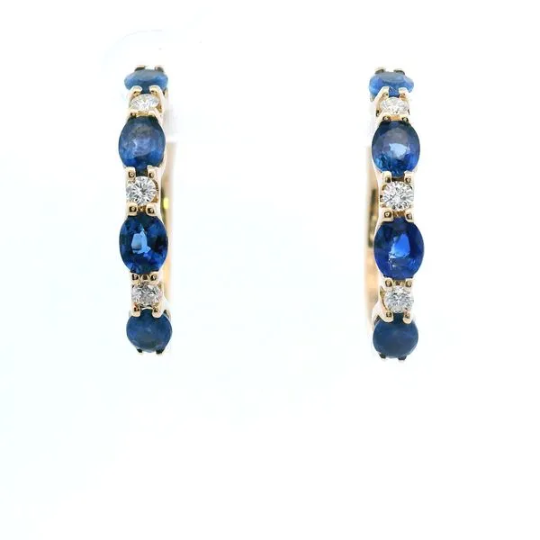 14K Yellow Gold Blue Sapphire and Diamond Hoop Earrings
