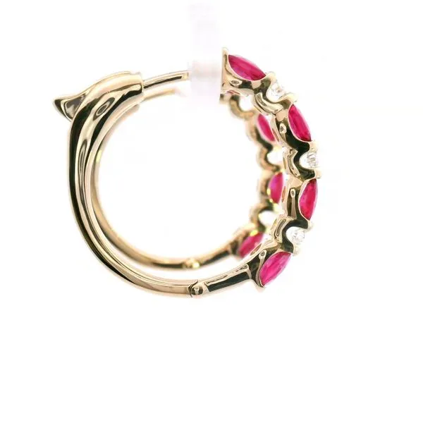 14K Yellow Gold Ruby and Diamond Hoop Earrings