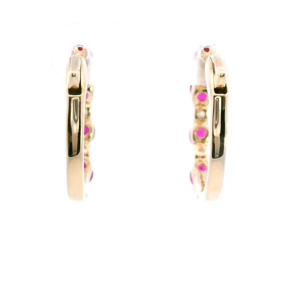 14K Yellow Gold Ruby and Diamond Hoop Earrings