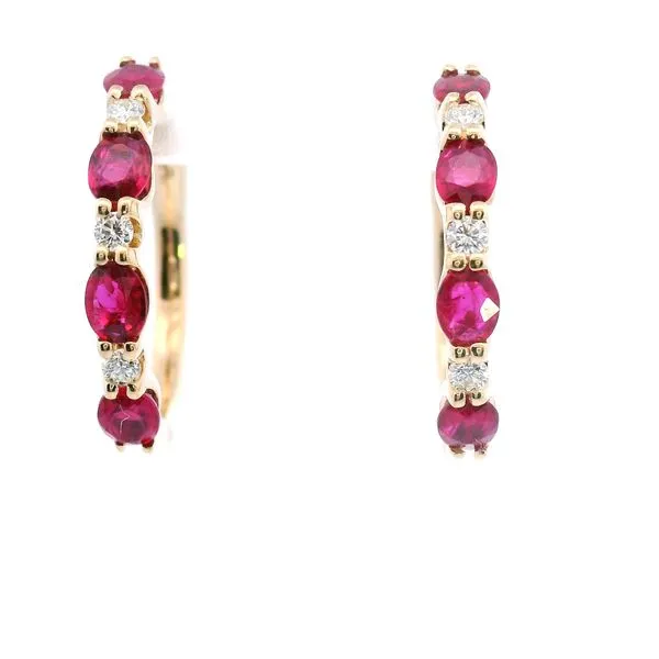 14K Yellow Gold Ruby and Diamond Hoop Earrings