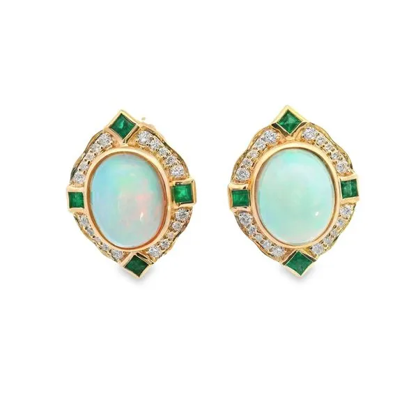14K Yellow Gold Opal Earrings with Emeralds and Diamonds