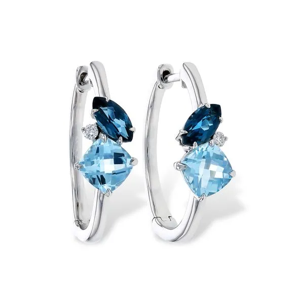 Allison-Kaufman 14K White Gold Checkerboard Cushion Cut Sky Blue and Marquise Shape London Blue Topaz Huggie Hoop Earrings P.J. Rossi Jewelers Lauderdale-By-The-Sea, FL