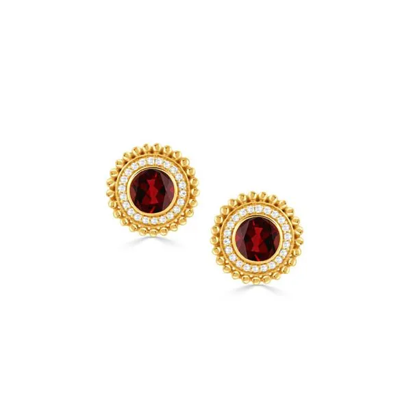 18K Yellow Gold Garnet and Diamond Stud Earrings