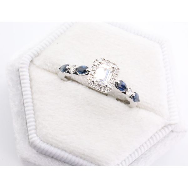 14K White Gold Emerald Cut Natural Diamond & Sapphire Halo Engagement Ring Puckett's Fine Jewelry Benton, KY