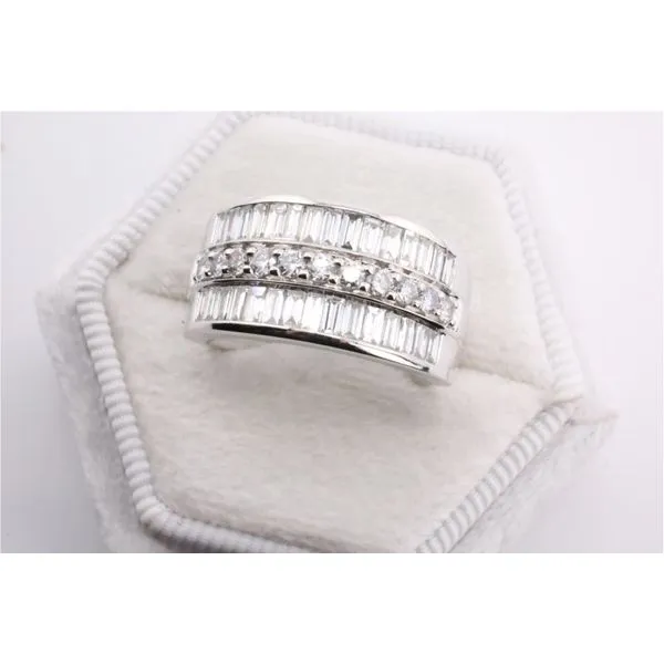 14K White Gold Three-Row Baguette and Round Diamond Band Puckett's Fine Jewelry Benton, KY