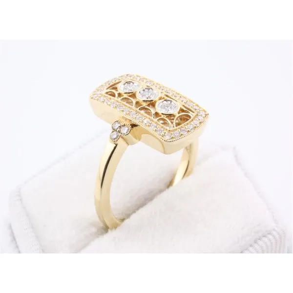 14K Yellow Gold Vintage-Style Three-Stone Diamond Ring with Halo Image 2 Puckett's Fine Jewelry Benton, KY