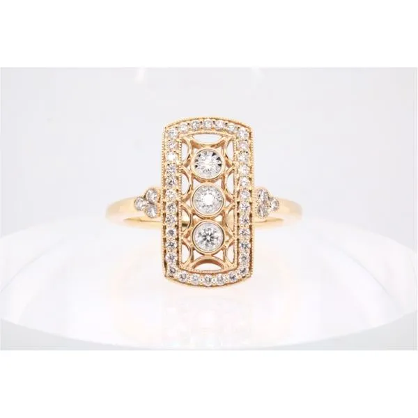 14K Yellow Gold Vintage-Style Three-Stone Diamond Ring with Halo Puckett's Fine Jewelry Benton, KY