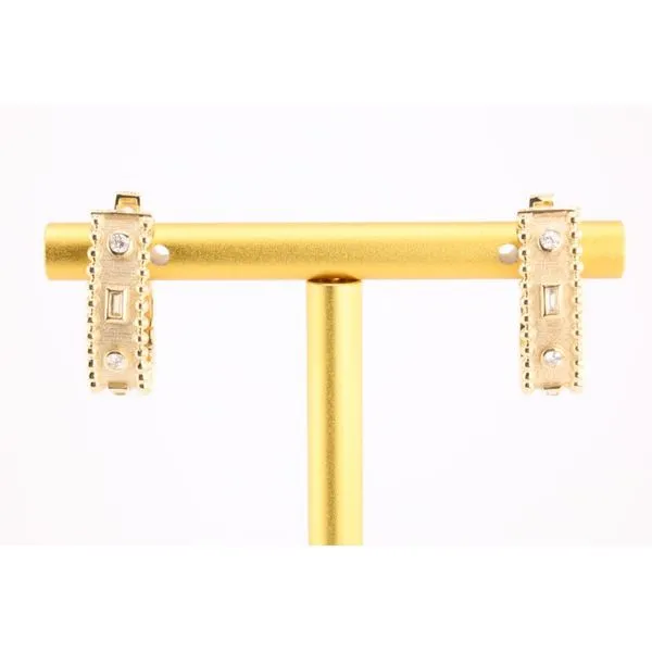 14K Yellow Gold Textured Oval Hoop Earrings with Bezel Diamonds Image 2 Puckett's Fine Jewelry Benton, KY