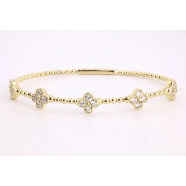 14K Yellow Gold Diamond Flex Bangle Bracelet with Beaded Sides & Clover Stations Puckett's Fine Jewelry Benton, KY