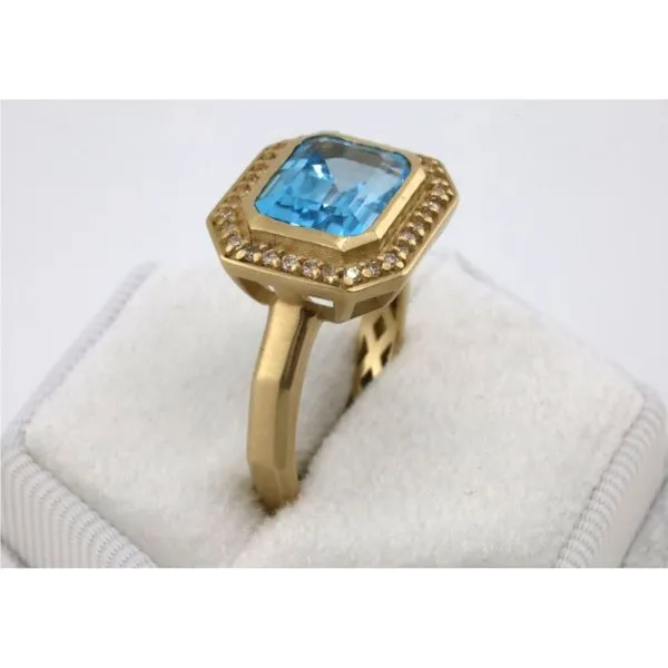 14K Yellow Gold Emerald Cut Blue Topaz Ring with Diamond Halo Image 2 Puckett's Fine Jewelry Benton, KY