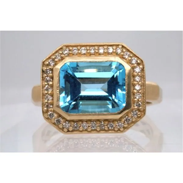 14K Yellow Gold Emerald Cut Blue Topaz Ring with Diamond Halo Puckett's Fine Jewelry Benton, KY