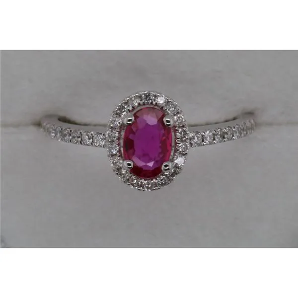 18K White Gold Oval Ruby Ring with Diamond Halo and Sides Puckett's Fine Jewelry Benton, KY