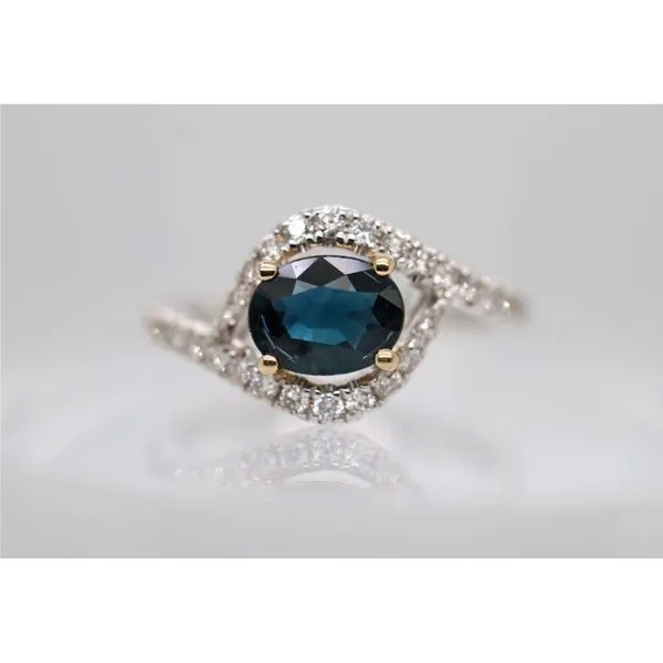 14K White Gold with Yellow Prongs Oval Sapphire Ring With Diamond Bypass Band Puckett's Fine Jewelry Benton, KY