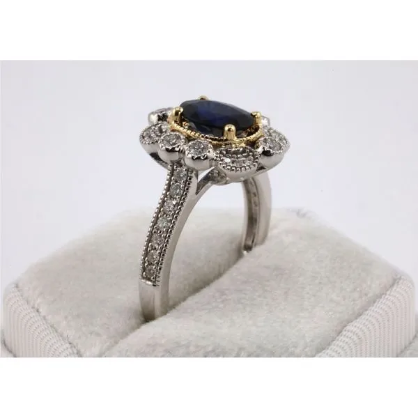 Platinum and 14K Yellow Gold Oval Sapphire Ring With Scalloped Halo of Diamonds Image 2 Puckett's Fine Jewelry Benton, KY