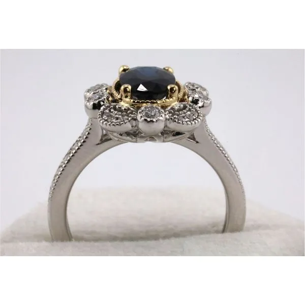 Platinum and 14K Yellow Gold Oval Sapphire Ring With Scalloped Halo of Diamonds Image 3 Puckett's Fine Jewelry Benton, KY