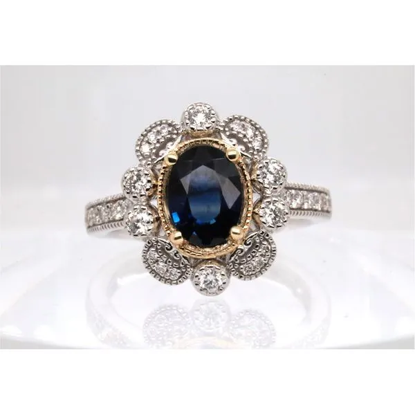 Platinum and 14K Yellow Gold Oval Sapphire Ring With Scalloped Halo of Diamonds Puckett's Fine Jewelry Benton, KY