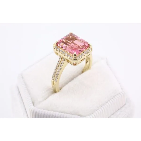 14K Yellow Gold Emerald-Cut Pink Tourmaline & Diamond Halo Ring Image 2 Puckett's Fine Jewelry Benton, KY