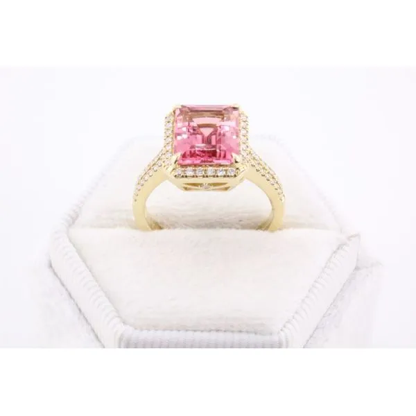 14K Yellow Gold Emerald-Cut Pink Tourmaline & Diamond Halo Ring Image 3 Puckett's Fine Jewelry Benton, KY