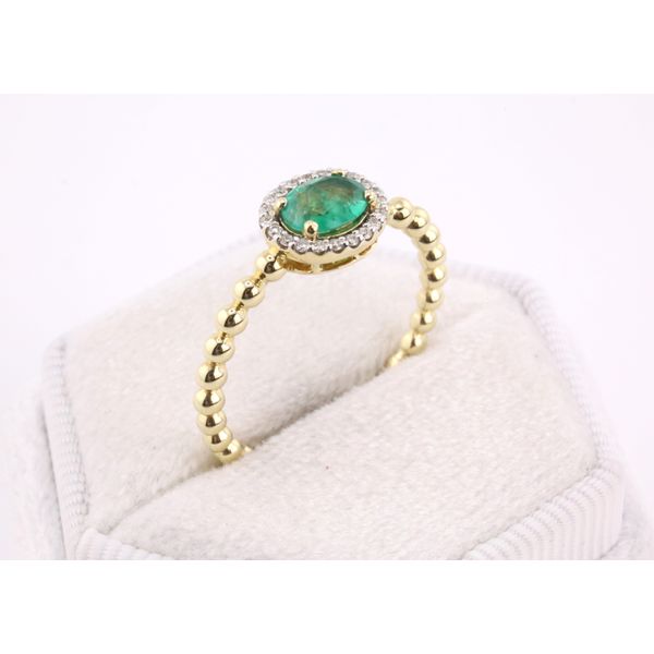 14K Yellow Gold Oval Emerald & Diamond Halo Ring with Beaded Band Image 2 Puckett's Fine Jewelry Benton, KY