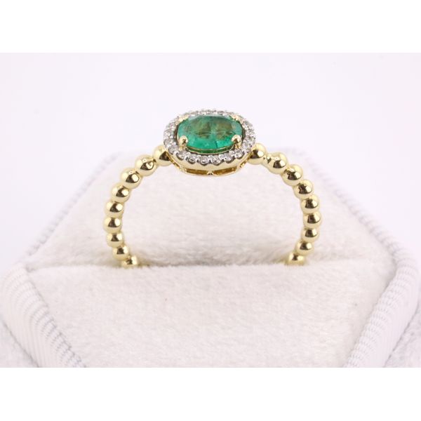 14K Yellow Gold Oval Emerald & Diamond Halo Ring with Beaded Band Image 3 Puckett's Fine Jewelry Benton, KY