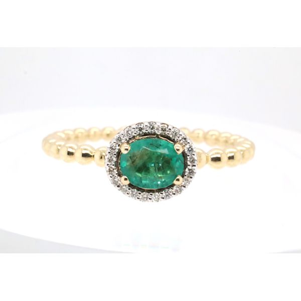14K Yellow Gold Oval Emerald & Diamond Halo Ring with Beaded Band Puckett's Fine Jewelry Benton, KY