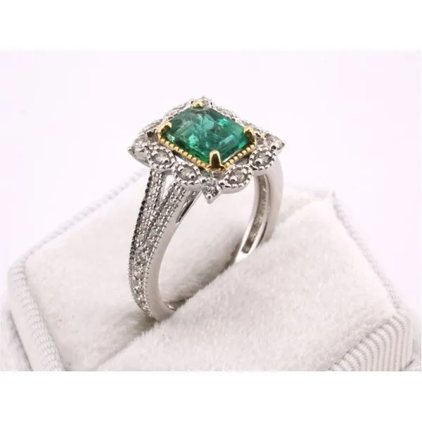 14K Yellow & White Gold Emerald & Diamond Vintage-Style Halo Ring Image 2 Puckett's Fine Jewelry Benton, KY