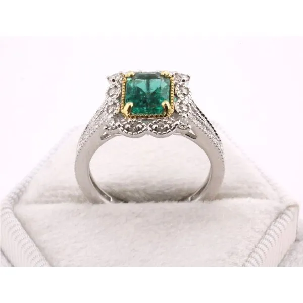 14K Yellow & White Gold Emerald & Diamond Vintage-Style Halo Ring Image 3 Puckett's Fine Jewelry Benton, KY