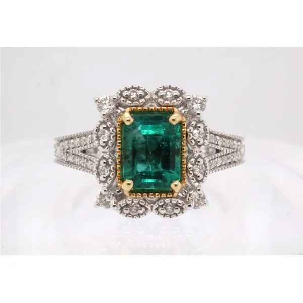 14K Yellow & White Gold Emerald & Diamond Vintage-Style Halo Ring Puckett's Fine Jewelry Benton, KY