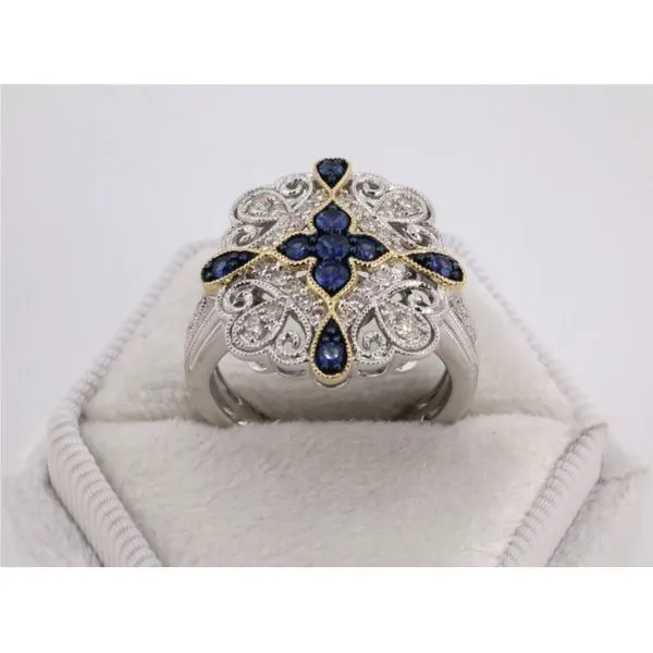 14K Two-Tone Gold Diamond and Created Sapphire Filigree Ring Image 3 Puckett's Fine Jewelry Benton, KY