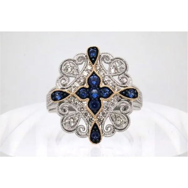 14K Two-Tone Gold Diamond and Created Sapphire Filigree Ring Puckett's Fine Jewelry Benton, KY