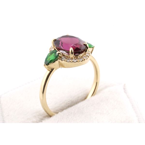 14K Yellow Gold Rhodolite & Tsavorite Garnet Halo Ring Image 2 Puckett's Fine Jewelry Benton, KY