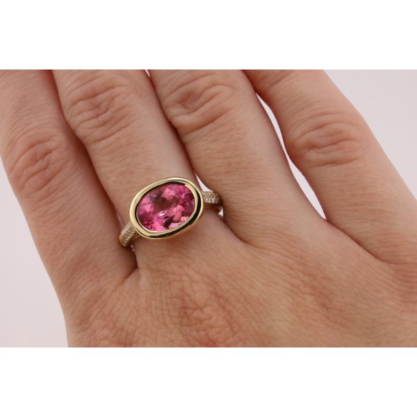 14K Yellow Gold Pink Tourmaline & Natural Diamond Bezel Ring Image 4 Puckett's Fine Jewelry Benton, KY