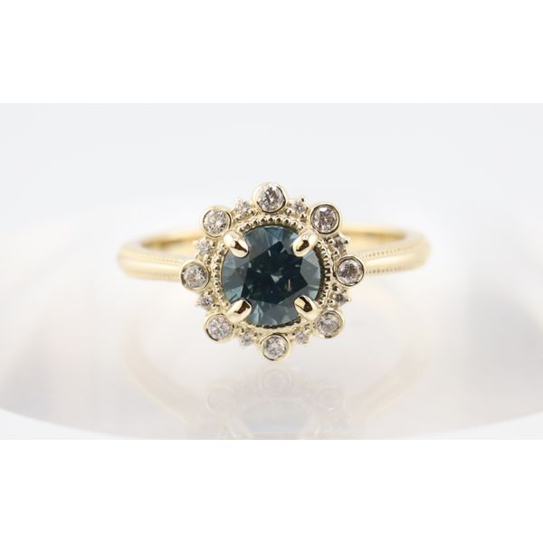 14K Yellow Gold Montana Sapphire & Natural Diamond Halo Ring Puckett's Fine Jewelry Benton, KY