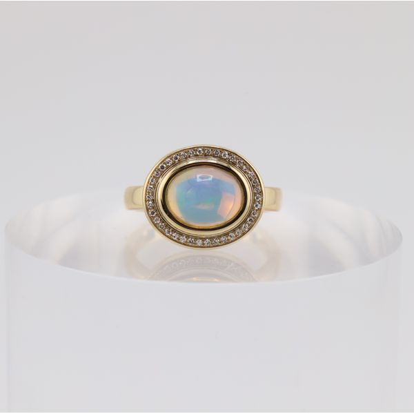 14K Yellow Gold Oval Opal & Natural Diamond Halo Ring – 1.15ct Opal, 0.09ctw Diamonds Puckett's Fine Jewelry Benton, KY