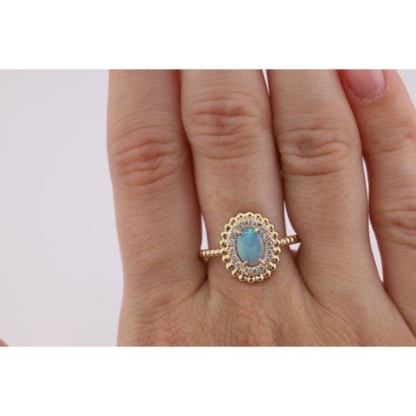 14K Yellow Gold Oval Opal & Natural Diamond Halo Ring – 0.48ct Opal, 0.14ctw Diamonds Image 3 Puckett's Fine Jewelry Benton, KY