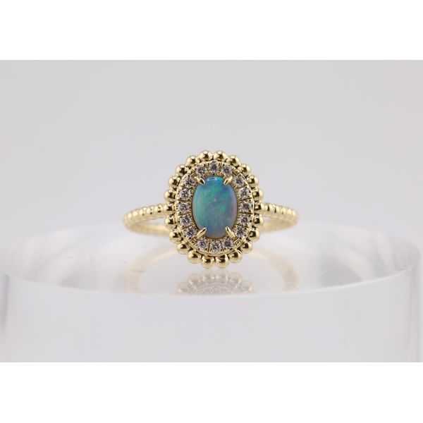 14K Yellow Gold Oval Opal & Natural Diamond Halo Ring – 0.48ct Opal, 0.14ctw Diamonds Puckett's Fine Jewelry Benton, KY